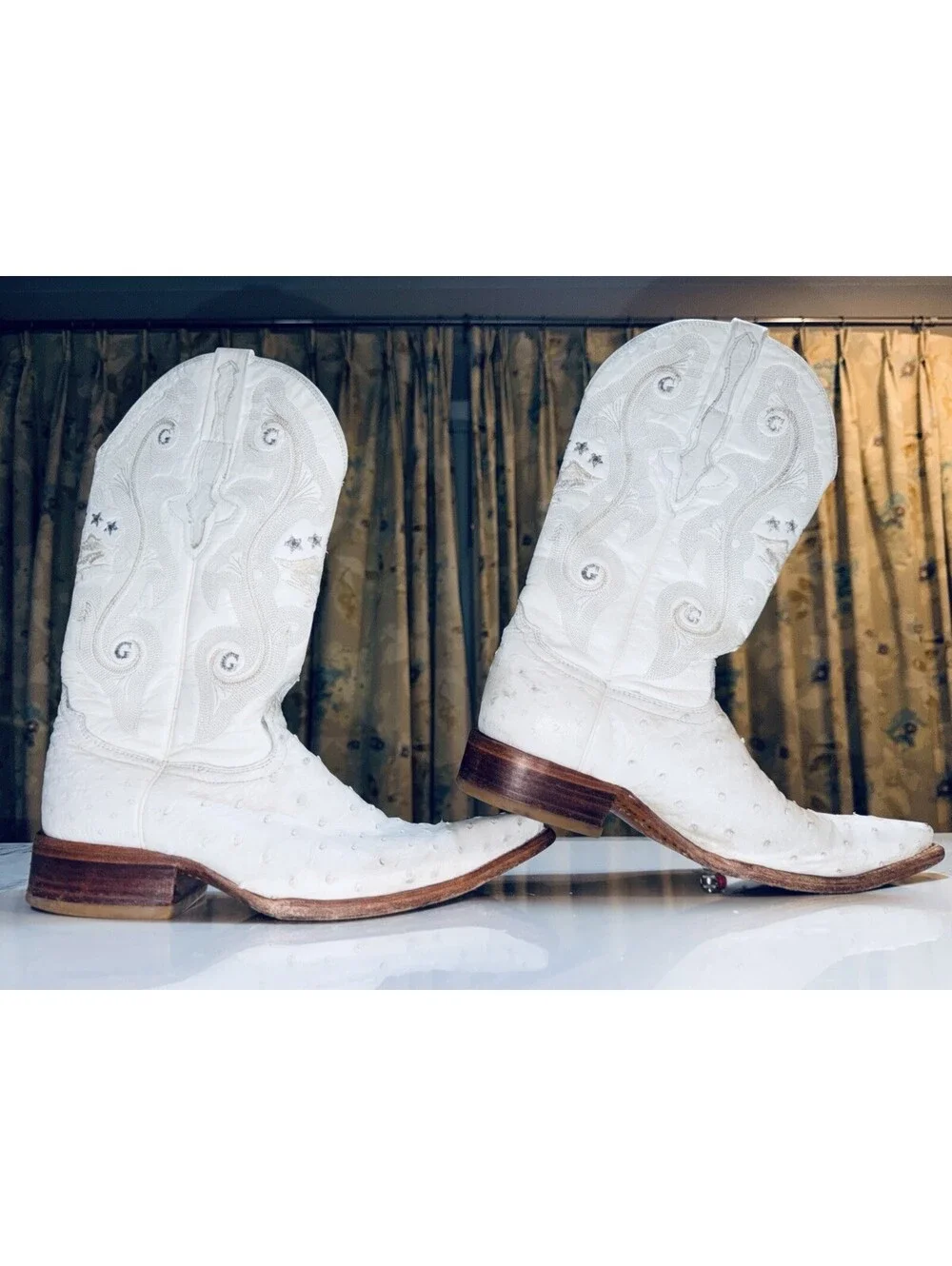 El General White Ostrich Cowboy Boots Men’s Size 8 Leather